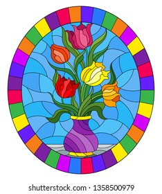 Illustration in stained glass style with floral still life, colorful bouquet of Tulips in a purple vase on a blue background, oval image in bright frame