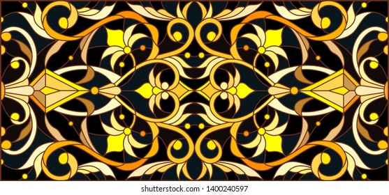 Illustration in stained glass style with floral ornament ,imitation gold on dark background with swirls and floral motifs