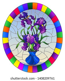 Illustration in stained glass style with floral still life,  bouquet of purple irises in a red  vase on a blue background,round image in bright frame