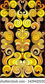 Illustration in stained glass style with floral ornament ,imitation gold on dark background with swirls and floral motifs