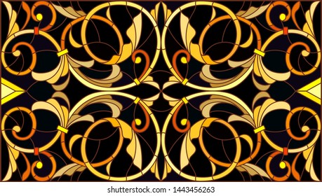 Illustration in stained glass style with floral ornament ,imitation gold on dark background with swirls and floral motifs