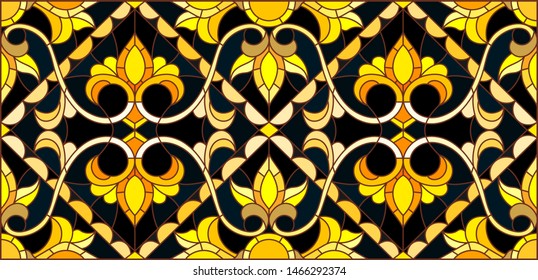 Illustration in stained glass style with floral ornament ,imitation gold on dark background with swirls and floral motifs