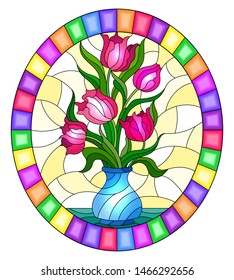 Illustration in stained glass style with floral still life,pink bouquet of Tulips in a blue vase on a yellow background, oval image in bright frame
