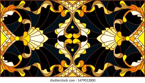 Illustration in stained glass style with floral ornament ,imitation gold on dark background with swirls and floral motifs