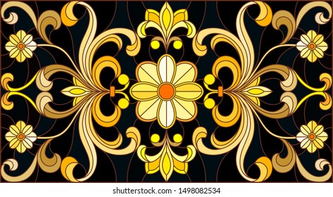 Illustration in stained glass style with floral ornament ,imitation gold on dark background with swirls and floral motifs