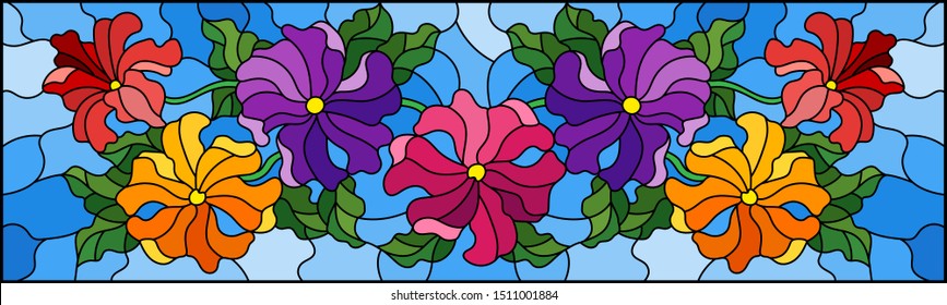 Illustration in stained glass style with floral arrangement of flowers, colorful flowers and leaves on a blue background