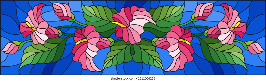 Illustration in stained glass style with a floral arrangement of Calla flowers, pink Calla and leaves on a blue background