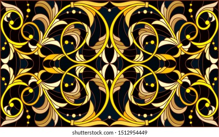 Illustration in stained glass style with floral ornament ,imitation gold on dark background with swirls and floral motifs
