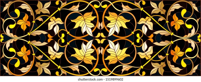 Illustration in stained glass style with floral ornament ,imitation gold on dark background with swirls and floral motifs