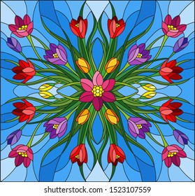 Illustration in stained glass style with floral arrangement, colorful Crocuses on a blue background