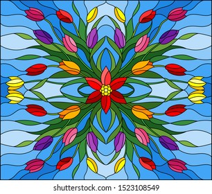 Illustration in stained glass style with floral arrangement, colorful tulips on a blue background