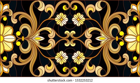 Illustration in stained glass style with floral ornament ,imitation gold on dark background with swirls and floral motifs