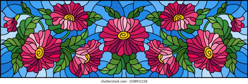 Illustration in stained glass style with floral arrangement of flowers, pink flowers and leaves on a blue background