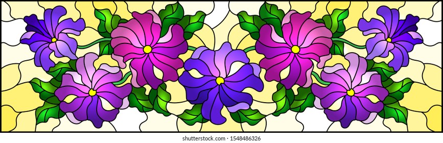 Illustration in stained glass style with floral arrangement of flowers, purple flowers and leaves on a yellow background