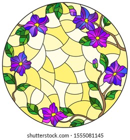 Illustration in stained glass style with floral arrangement of flowers, purple flowers and leaves on a yellow background, round image