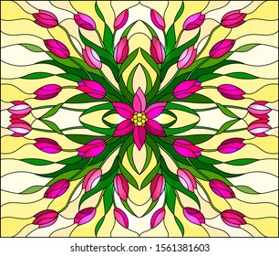 Illustration in stained glass style with floral arrangement, pink tulips on a yellow background