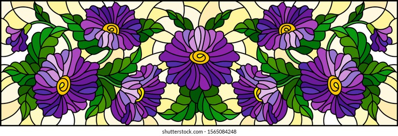 Illustration in stained glass style with floral arrangement of flowers, purple flowers and leaves on a yellow background