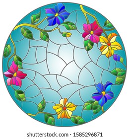 Illustration in stained glass style with floral arrangement of flowers, colorful flowers and leaves on a blue background, round image