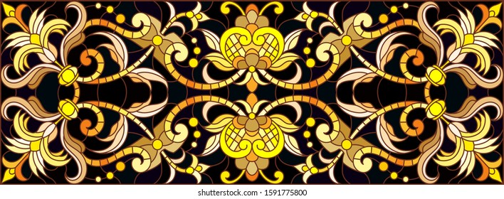 Illustration in stained glass style with floral ornament ,imitation gold on dark background with swirls and floral motif