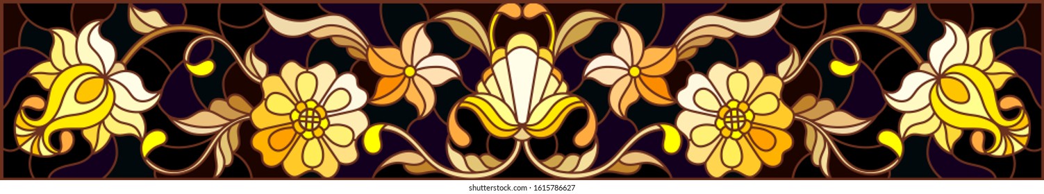 Illustration in stained glass style with floral ornament ,imitation gold on dark background with swirls and floral motif