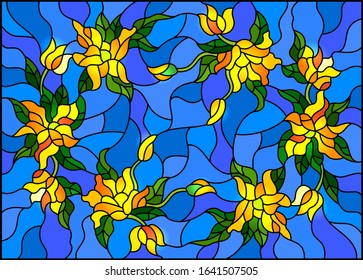 Illustration in stained glass style with floral arrangement of flowers, yellow flowers and leaves on a blue background
