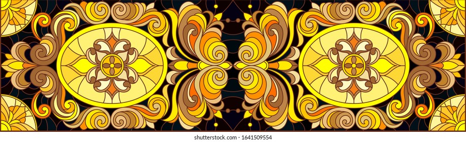 Illustration in stained glass style with floral ornament ,imitation gold on dark background with swirls and floral motif