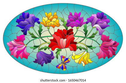 Illustration in stained glass style with floral arrangement of flowers, colorful flowers and leaves on a blue background, oval image