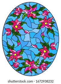 Illustration in stained glass style with floral arrangement of flowers, pink  flowers and leaves on a blue background, oval image 