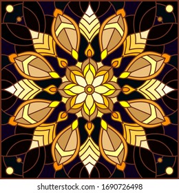 Illustration in stained glass style with floral ornament ,imitation gold on dark background with swirls and floral motif, square image