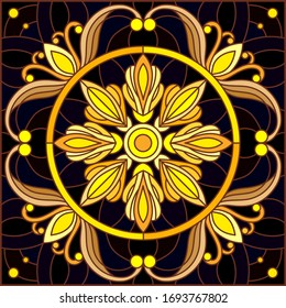 Illustration in stained glass style with floral ornament ,imitation gold on dark background with swirls and floral motif, square image