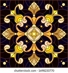 Illustration in stained glass style with floral ornament ,imitation gold on dark background with swirls and floral motif, square image