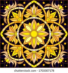 Illustration in stained glass style with floral ornament ,imitation gold on dark background with swirls and floral motif, square image