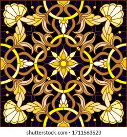 Illustration in stained glass style with floral ornament ,imitation gold on dark background with swirls and floral motif, square image