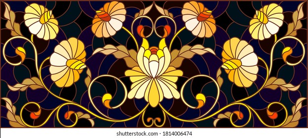 Illustration in stained glass style with floral ornament ,imitation gold on dark background with swirls and floral motif