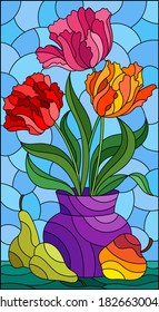 Illustration in a stained glass style with a floral still life, a vase with bright tulips, pears and an Apple on a blue background , rectangular illustration