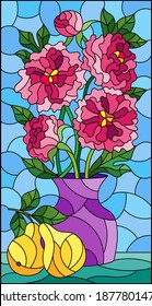 Illustration in stained glass style with floral still life, vase with a bouquet of peonies and fruits on a blue background