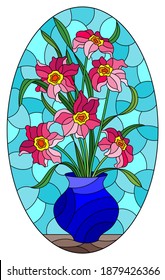 Illustration in stained glass style with floral still life, vase with a bouquet of daffodils on a blue background, oval image