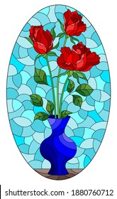 Illustration in stained glass style with floral still life, vase with a bouquet of red roses on a blue background, oval image