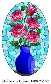 Illustration in stained glass style with floral still life, vase with a bouquet of pink roses on a blue background, oval image