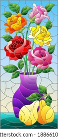 Illustration in stained glass style with floral still life, vase with a bouquet of bright roses and fruits on a blue background