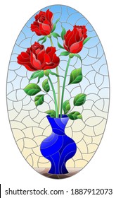 Illustration in stained glass style with floral still life, vase with a bouquet of red roses on a blue background, oval image