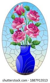 Illustration in stained glass style with floral still life, vase with a bouquet of pink roses on a blue background, oval image