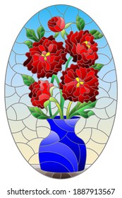 Illustration in stained glass style with floral still life, vase with a bouquet of red peonies  on a blue background, oval image