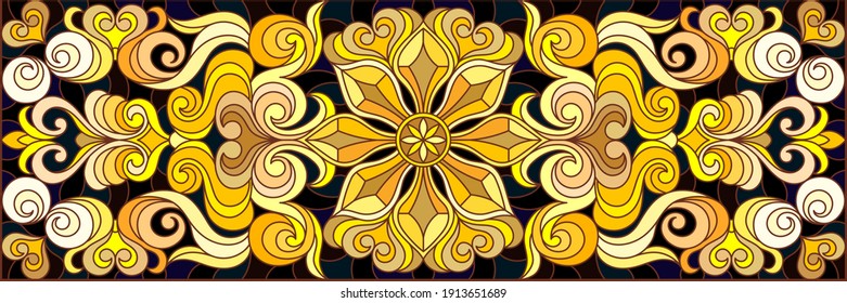 Illustration in stained glass style with floral ornament ,imitation gold on dark background with swirls and floral motif
