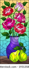 Illustration in stained glass style with floral still life, vase with a bouquet of pink roses and pears on a blue background