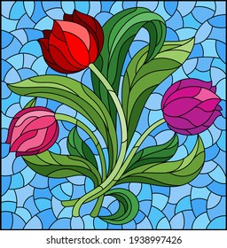 Illustration in the stained glass style with a floral arrangement of tulip flowers on a blue background, rectangular image