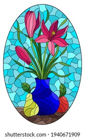 Illustration in stained glass style with floral still life, vase with a bouquet of pink flowers in a vase and fruit on a blue sky background, oval image