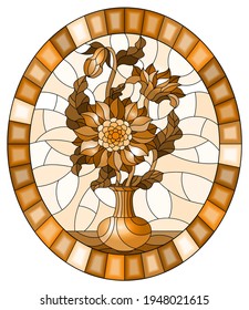 Illustration in stained glass style with floral still life, a bouquet of asters in a vase on a ight background, oval image in a bright frame, tone brown