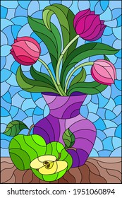 Illustration in a stained glass style with a floral still life, a vase with bright tulips, and apples on a blue background , rectangular illustration