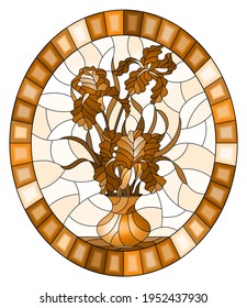 Illustration in stained glass style with floral still life,  bouquet of  irises in a vase on a light background,round image in bright frame, tone brown